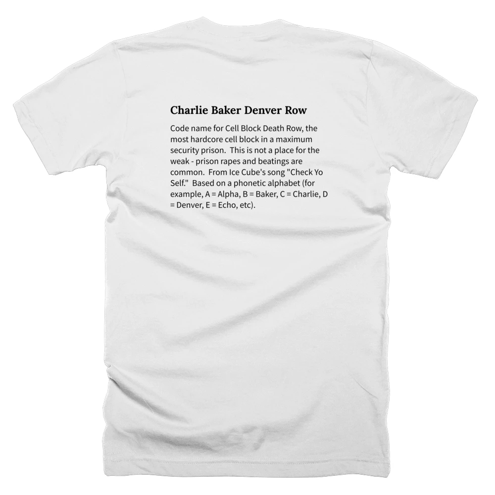 T-shirt with a definition of 'Charlie Baker Denver Row' printed on the back