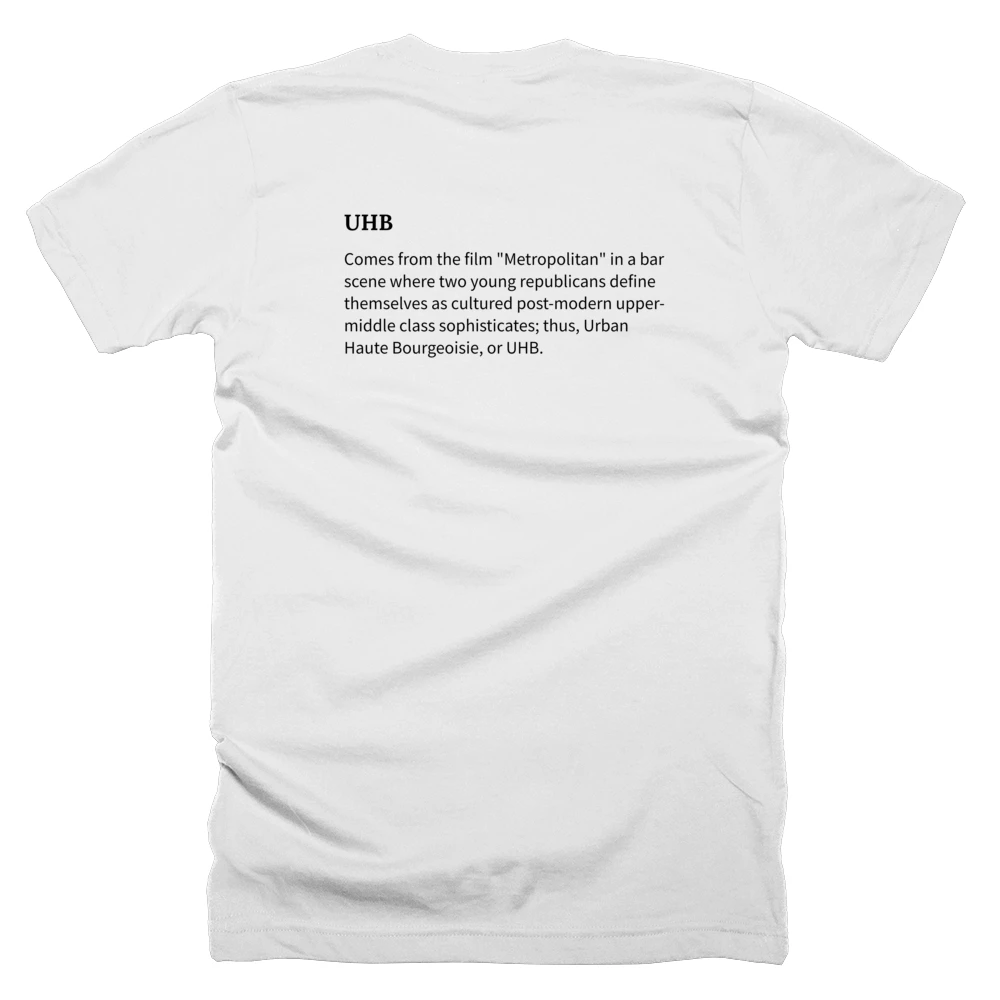 T-shirt with a definition of 'UHB' printed on the back