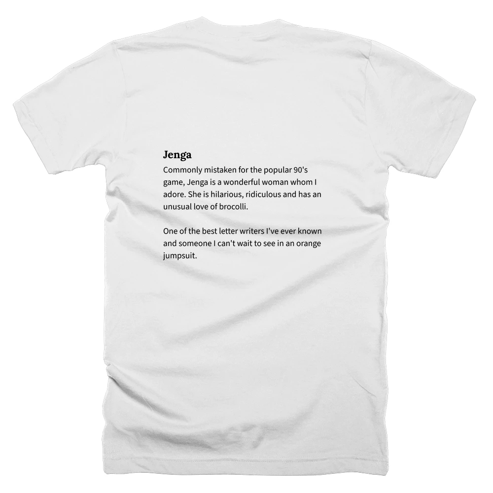 T-shirt with a definition of 'Jenga' printed on the back