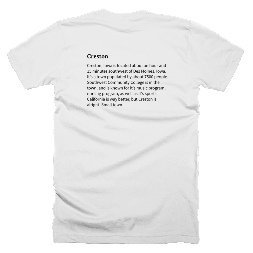 T-shirt with a definition of 'Creston' printed on the back