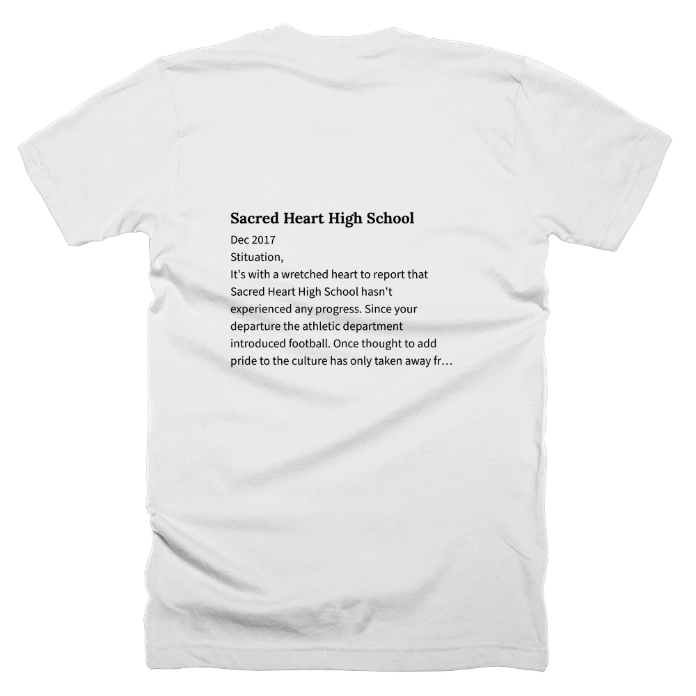 T-shirt with a definition of 'Sacred Heart High School' printed on the back