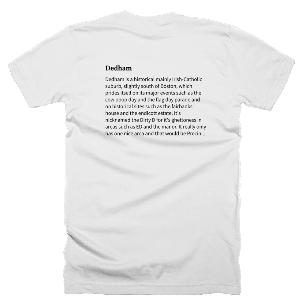 T-shirt with a definition of 'Dedham' printed on the back