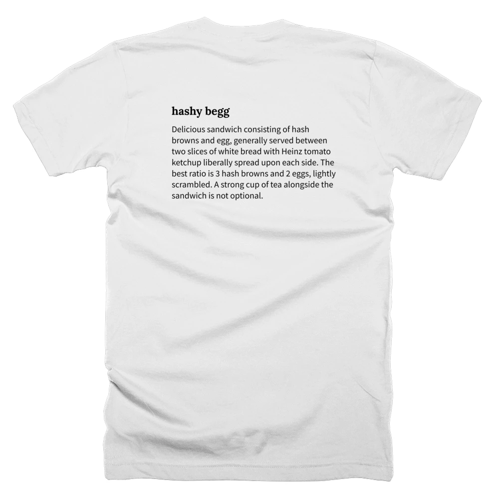 T-shirt with a definition of 'hashy begg' printed on the back
