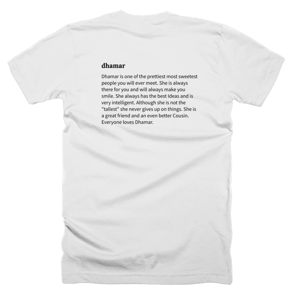 T-shirt with a definition of 'dhamar' printed on the back