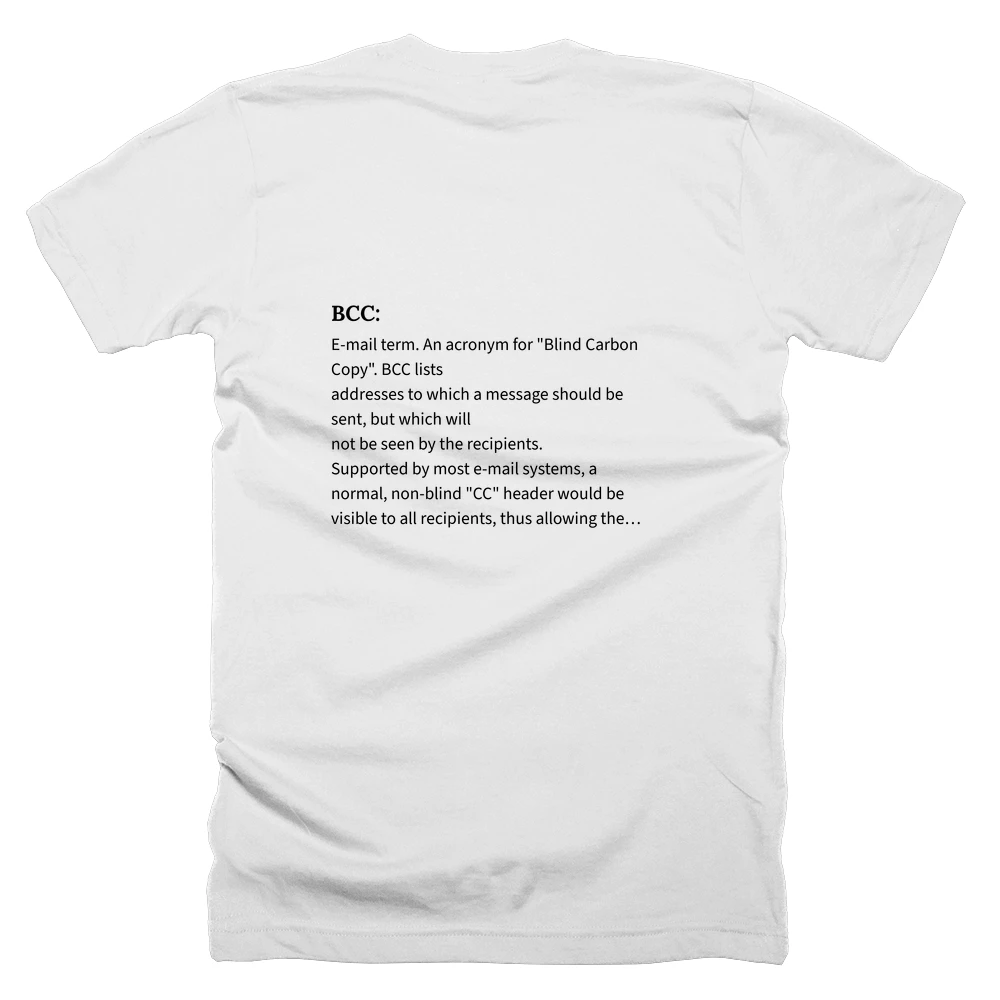 T-shirt with a definition of 'BCC:' printed on the back