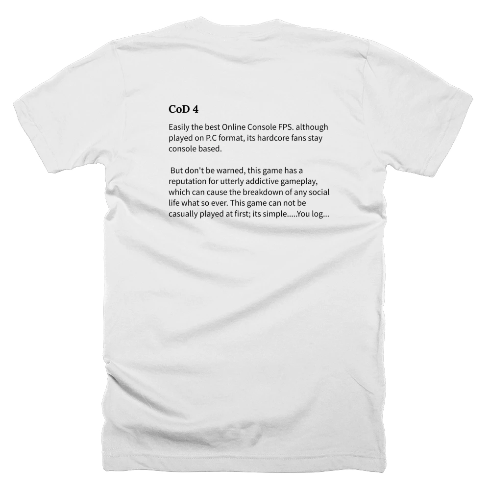 T-shirt with a definition of 'CoD 4' printed on the back