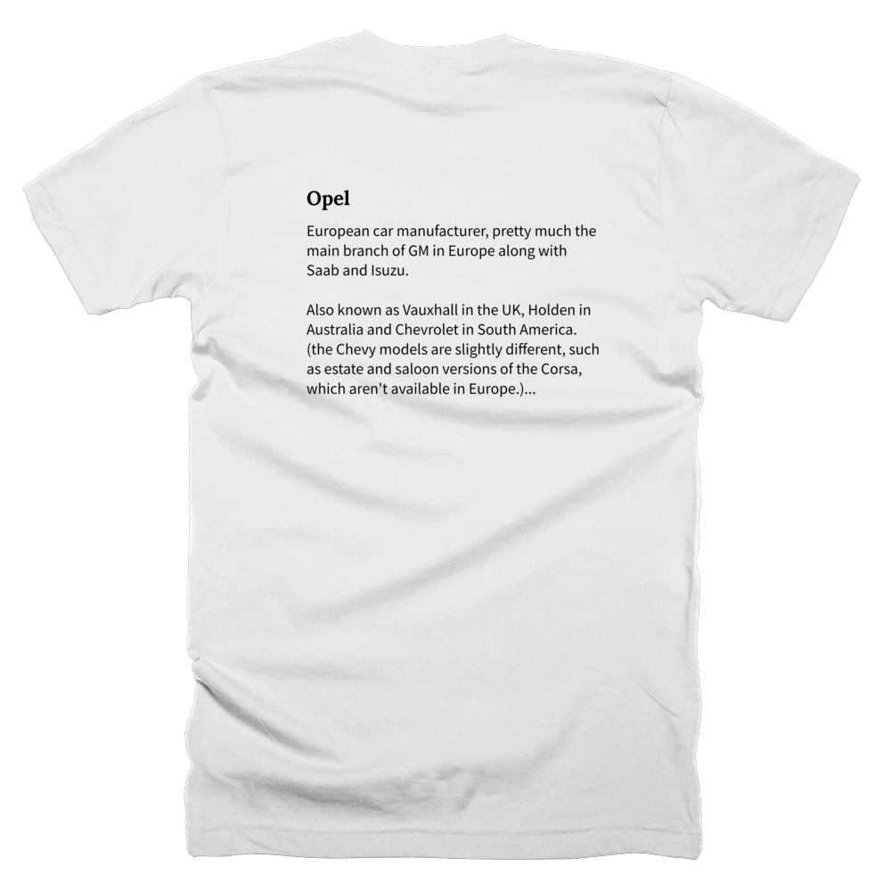 T-shirt with a definition of 'Opel' printed on the back