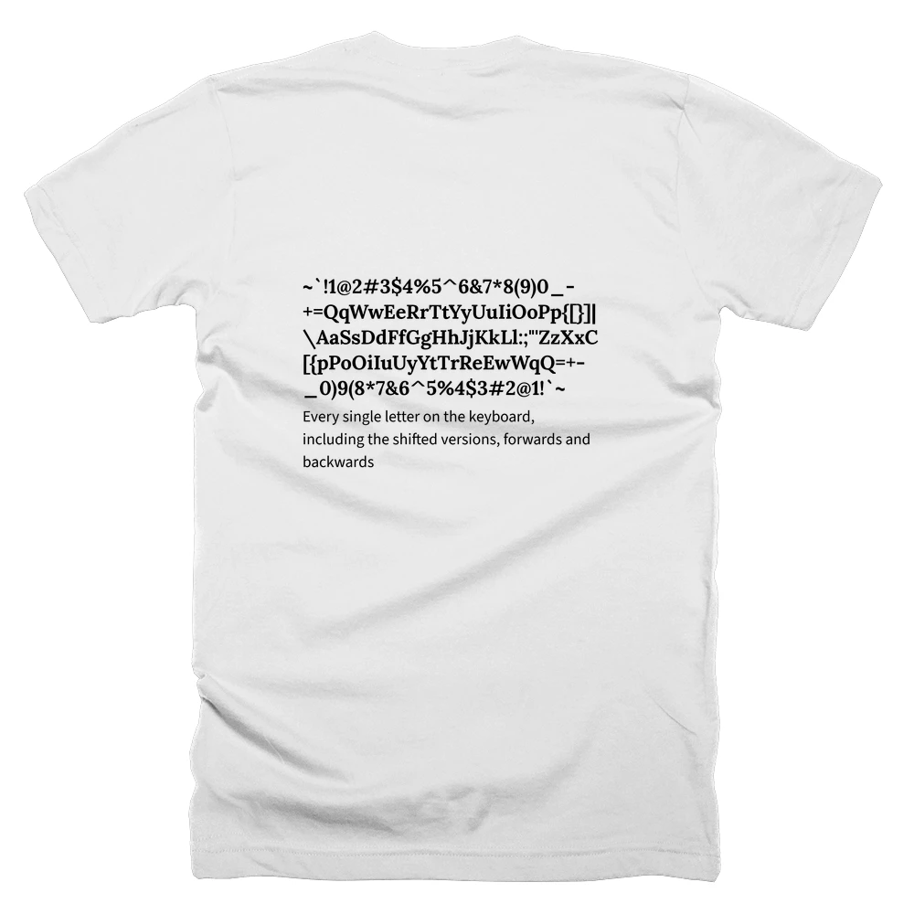 T-shirt with a definition of '~`!1@2#3$4%5^6&7*8(9)0_-+=QqWwEeRrTtYyUuIiOoPp{[}]|\AaSsDdFfGgHhJjKkLl:;"'ZzXxCcVvBbNnMm<,>.?//?.>,<mMnNbBvVcCxXzZ'";:lLkKjJhHgGfFdDsSaA\|]}[{pPoOiIuUyYtTrReEwWqQ=+-_0)9(8*7&6^5%4$3#2@1!`~' printed on the back