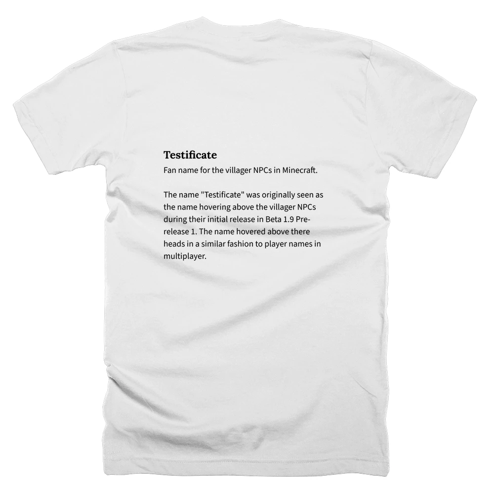 T-shirt with a definition of 'Testificate' printed on the back