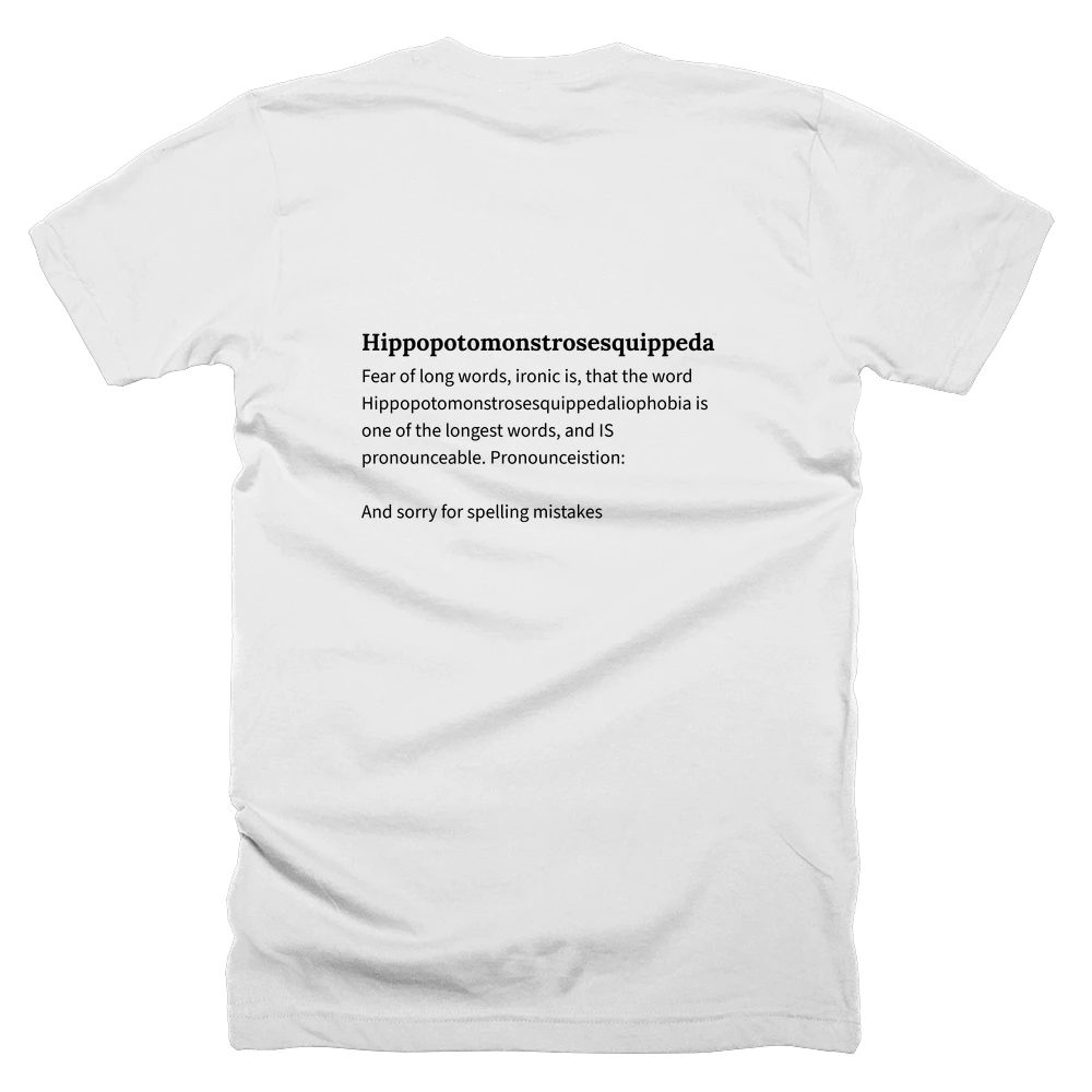 T-shirt with a definition of 'Hippopotomonstrosesquippedaliophobia' printed on the back