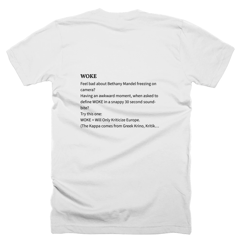 T-shirt with a definition of 'WOKE' printed on the back