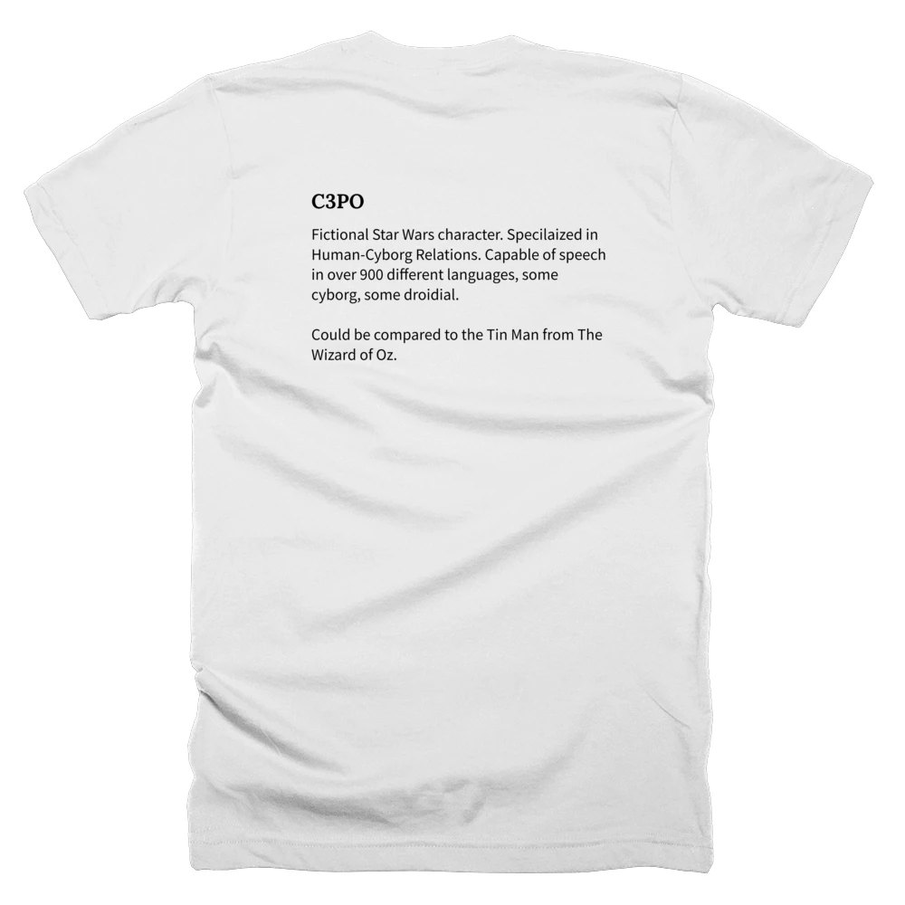 T-shirt with a definition of 'C3PO' printed on the back