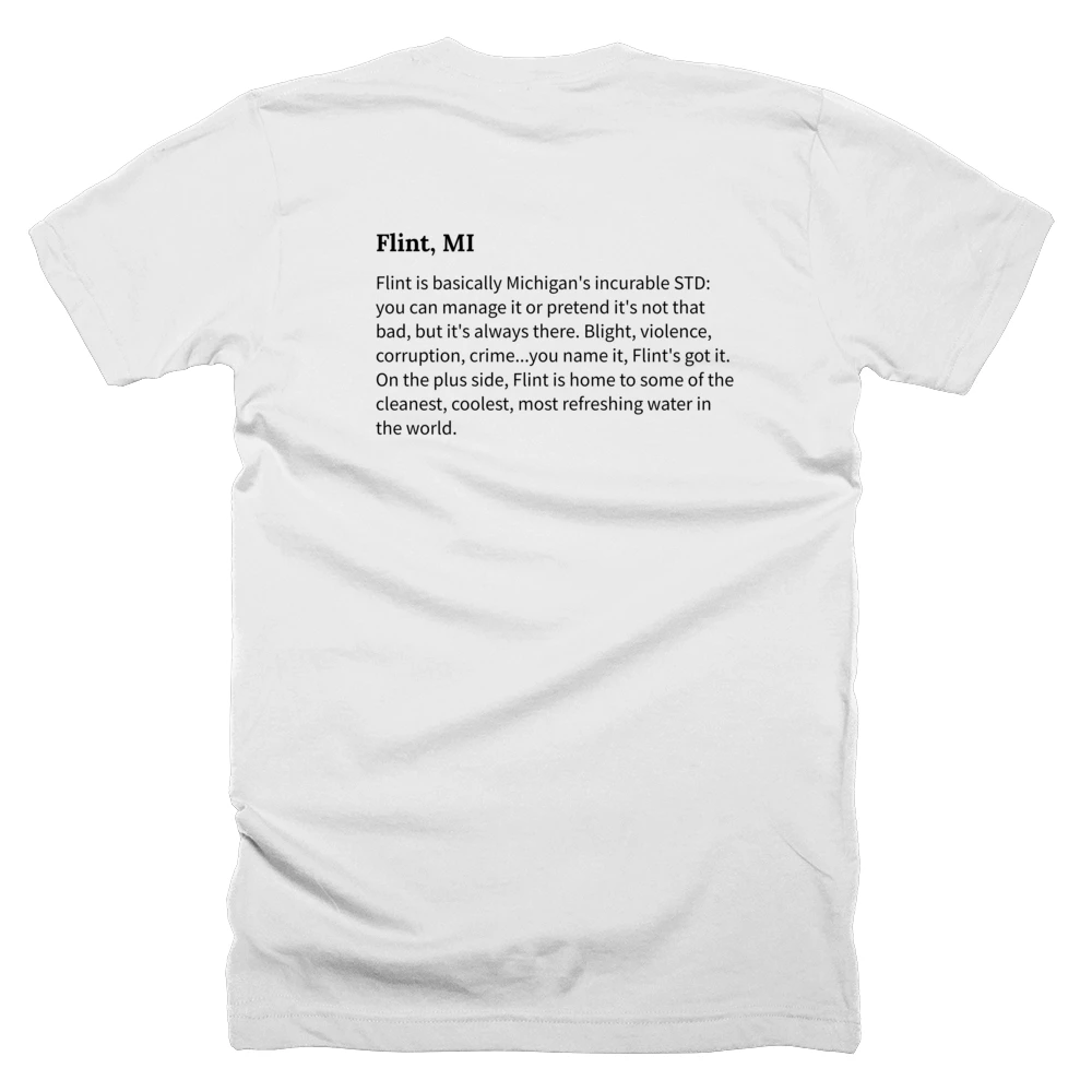 T-shirt with a definition of 'Flint, MI' printed on the back