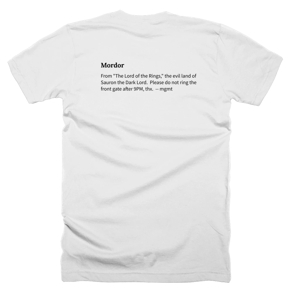 T-shirt with a definition of 'Mordor' printed on the back