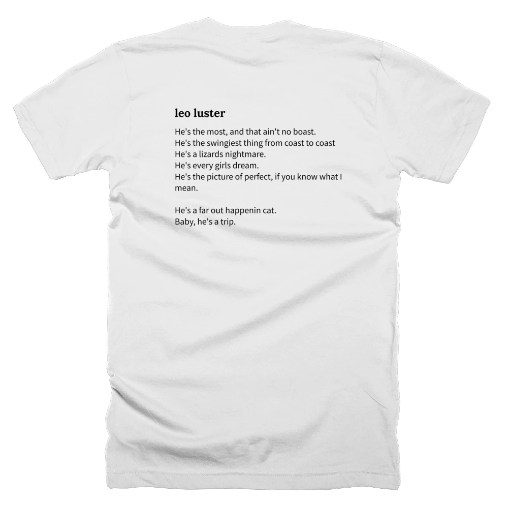 T-shirt with a definition of 'leo luster' printed on the back