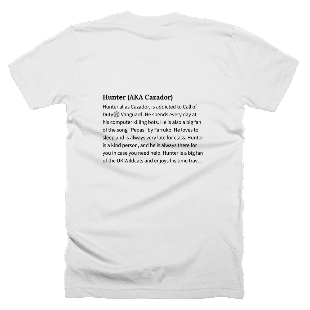 T-shirt with a definition of 'Hunter (AKA Cazador)' printed on the back