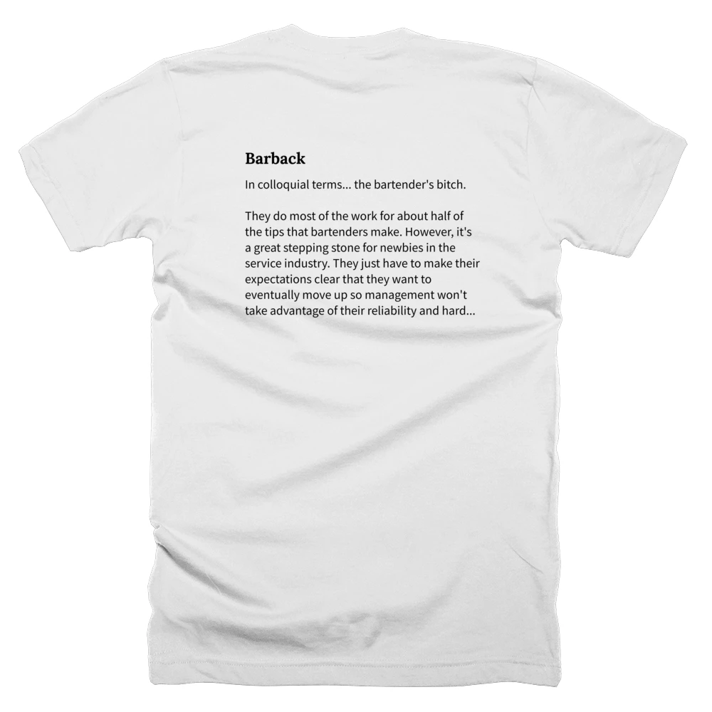 T-shirt with a definition of 'Barback' printed on the back