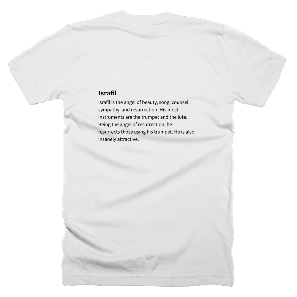 T-shirt with a definition of 'Israfil' printed on the back