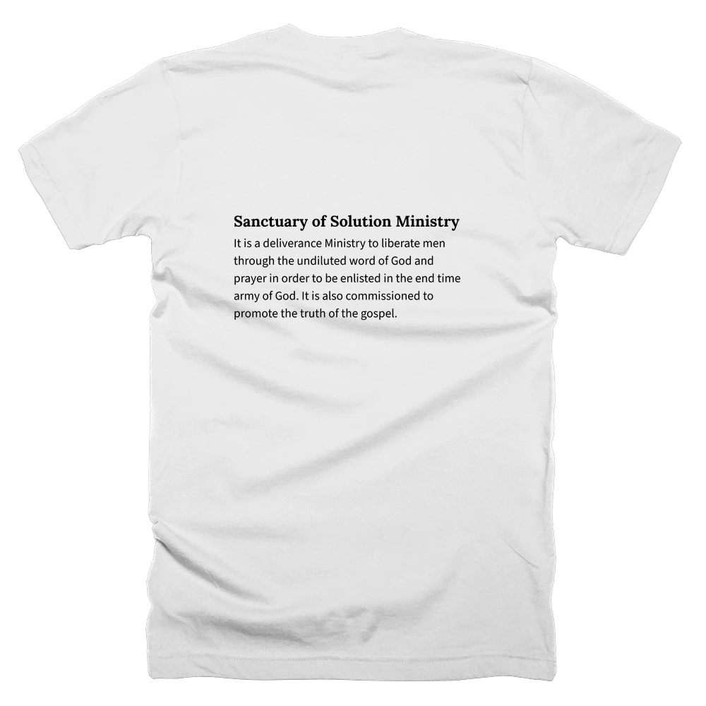 T-shirt with a definition of 'Sanctuary of Solution Ministry' printed on the back