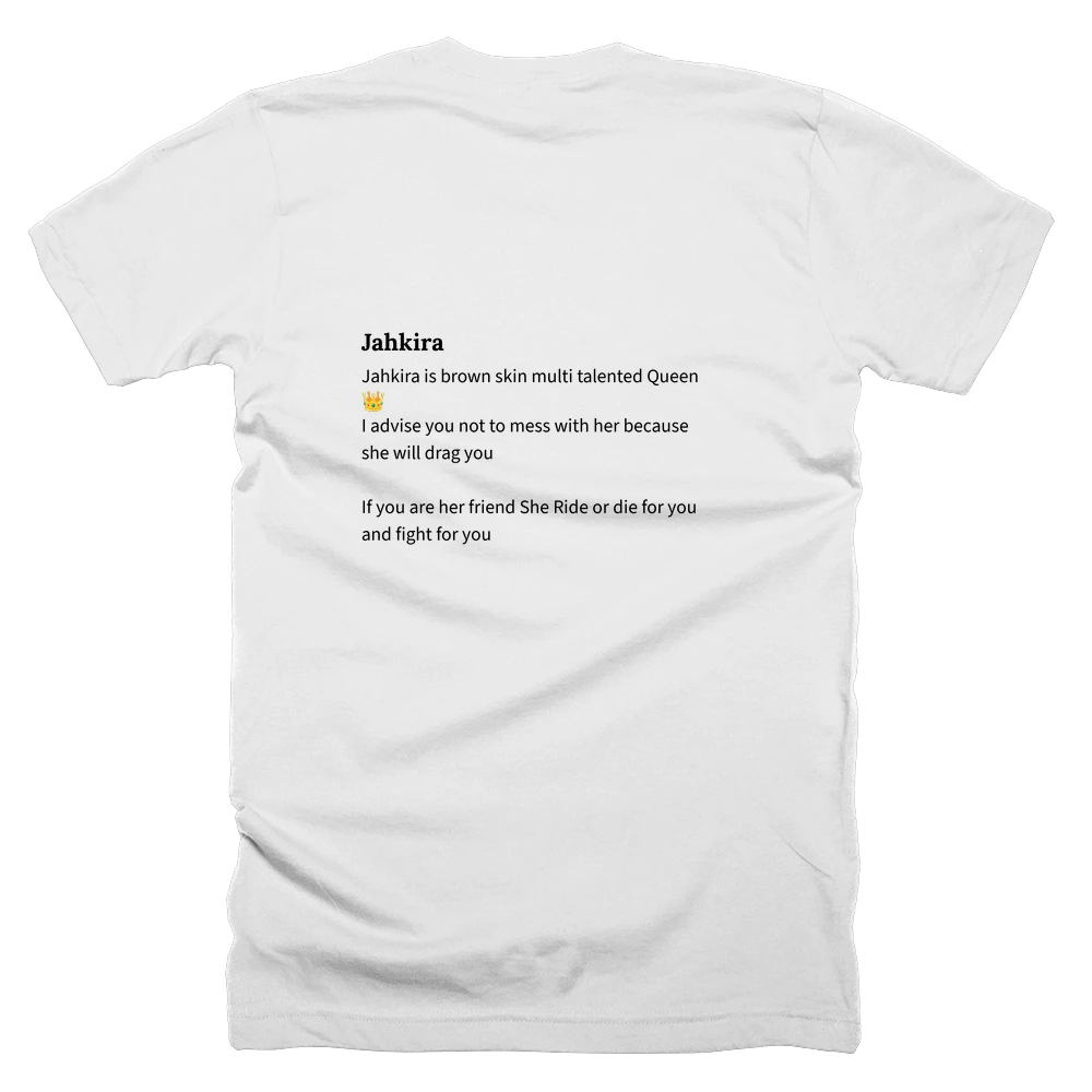 T-shirt with a definition of 'Jahkira' printed on the back