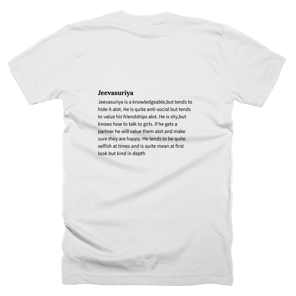 T-shirt with a definition of 'Jeevasuriya' printed on the back