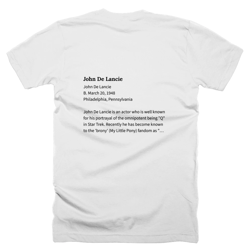 T-shirt with a definition of 'John De Lancie' printed on the back