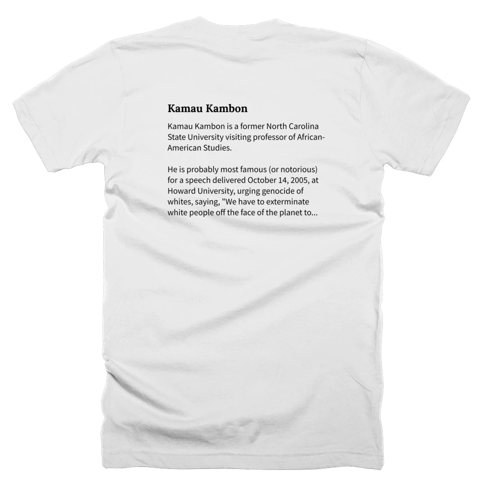 T-shirt with a definition of 'Kamau Kambon' printed on the back
