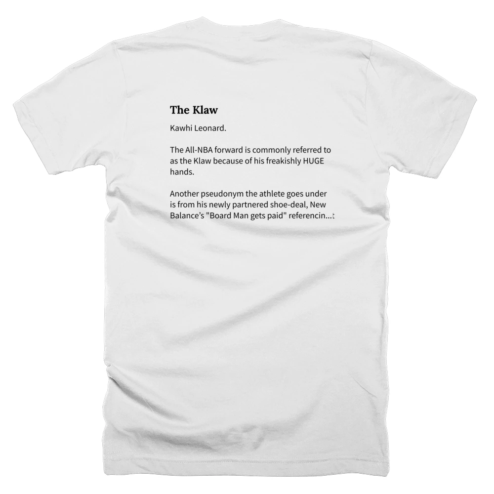 T-shirt with a definition of 'The Klaw' printed on the back