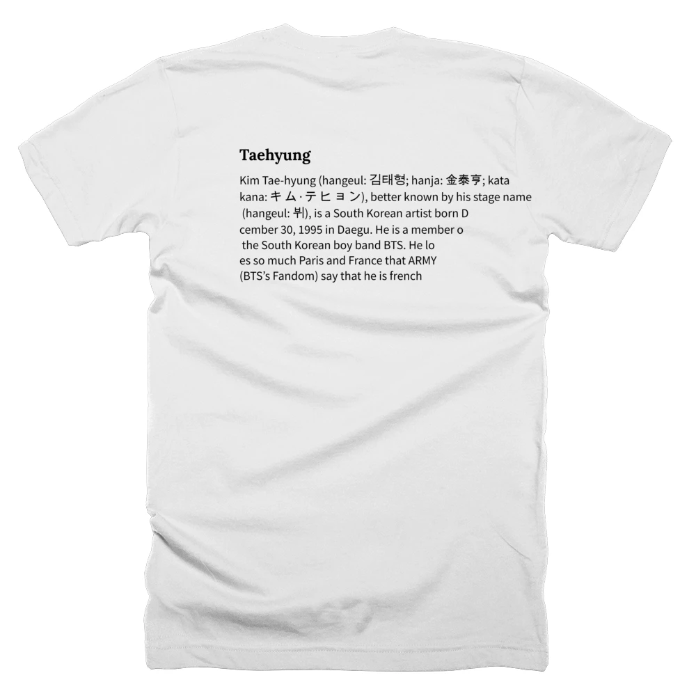 T-shirt with a definition of 'Taehyung' printed on the back