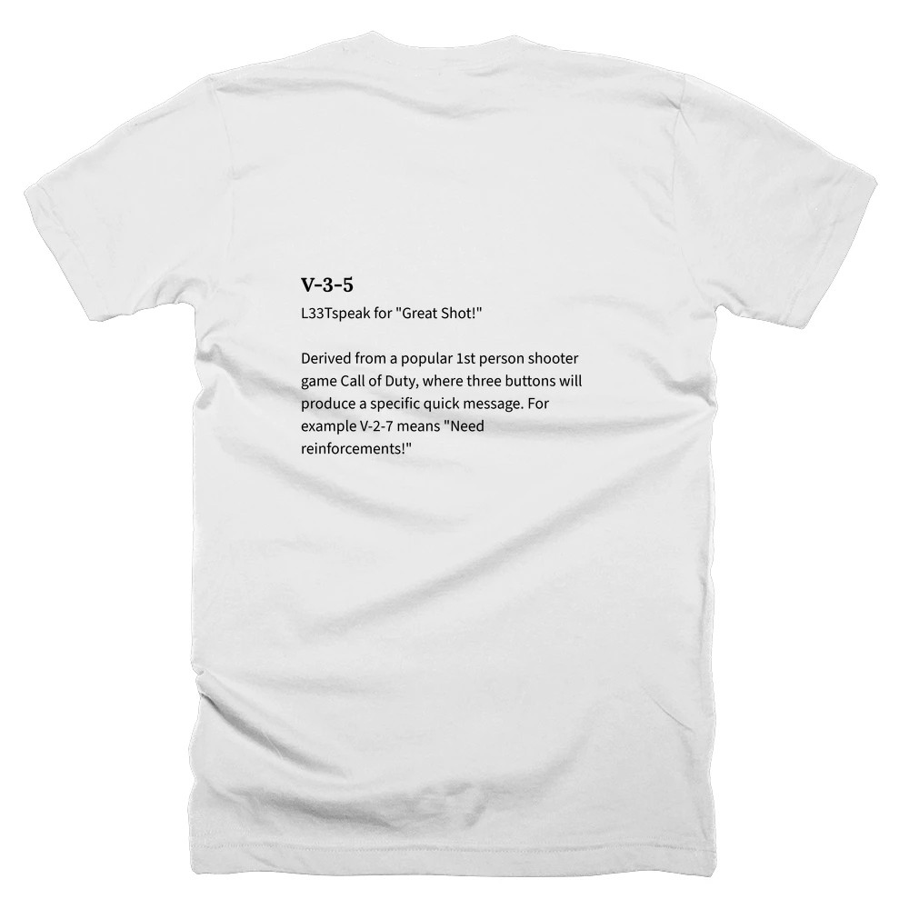 T-shirt with a definition of 'V-3-5' printed on the back