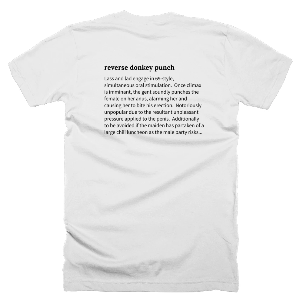T-shirt with a definition of 'reverse donkey punch' printed on the back