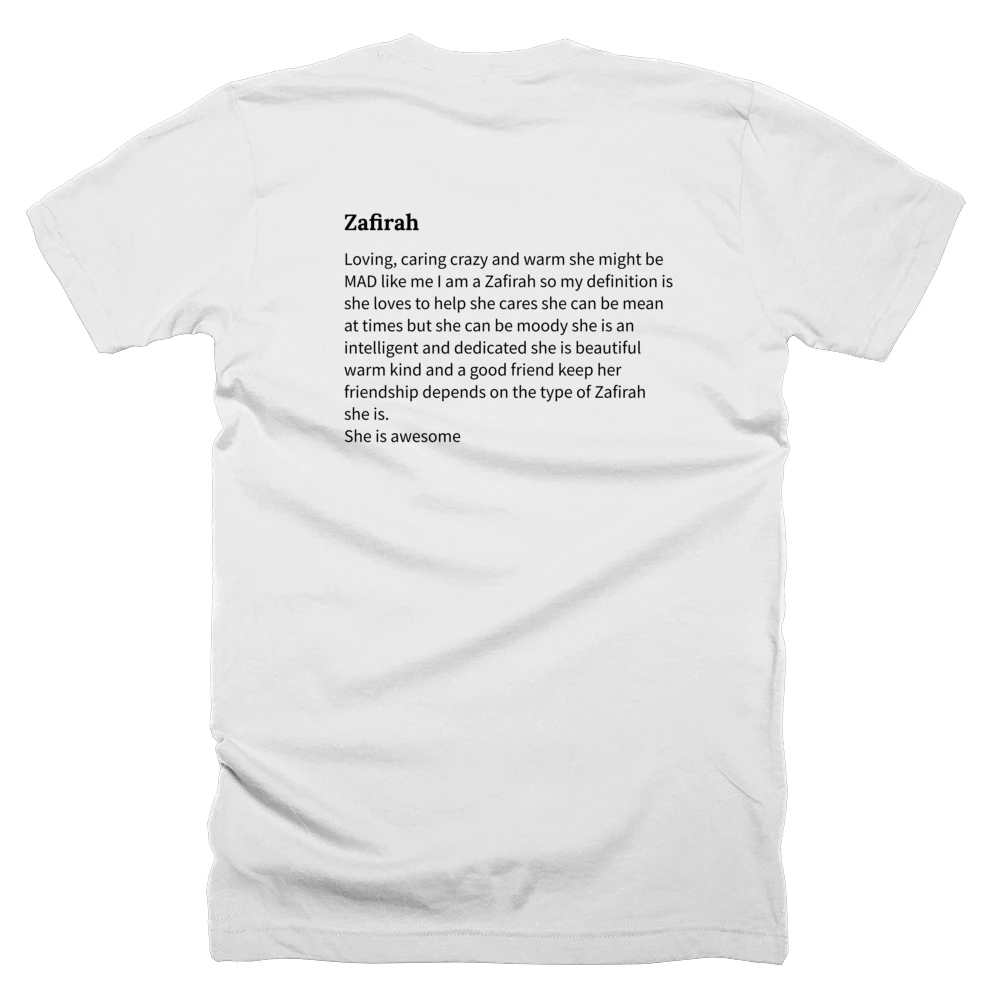 T-shirt with a definition of 'Zafirah' printed on the back