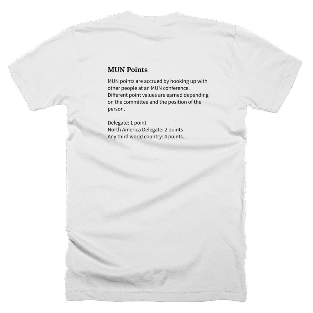 T-shirt with a definition of 'MUN Points' printed on the back