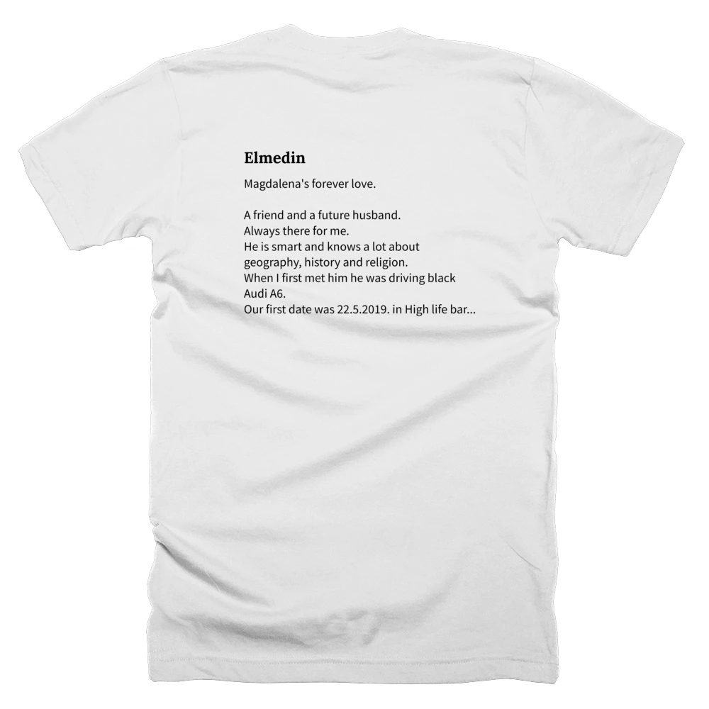 T-shirt with a definition of 'Elmedin' printed on the back