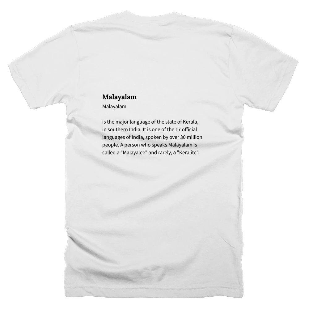 T-shirt with a definition of 'Malayalam' printed on the back