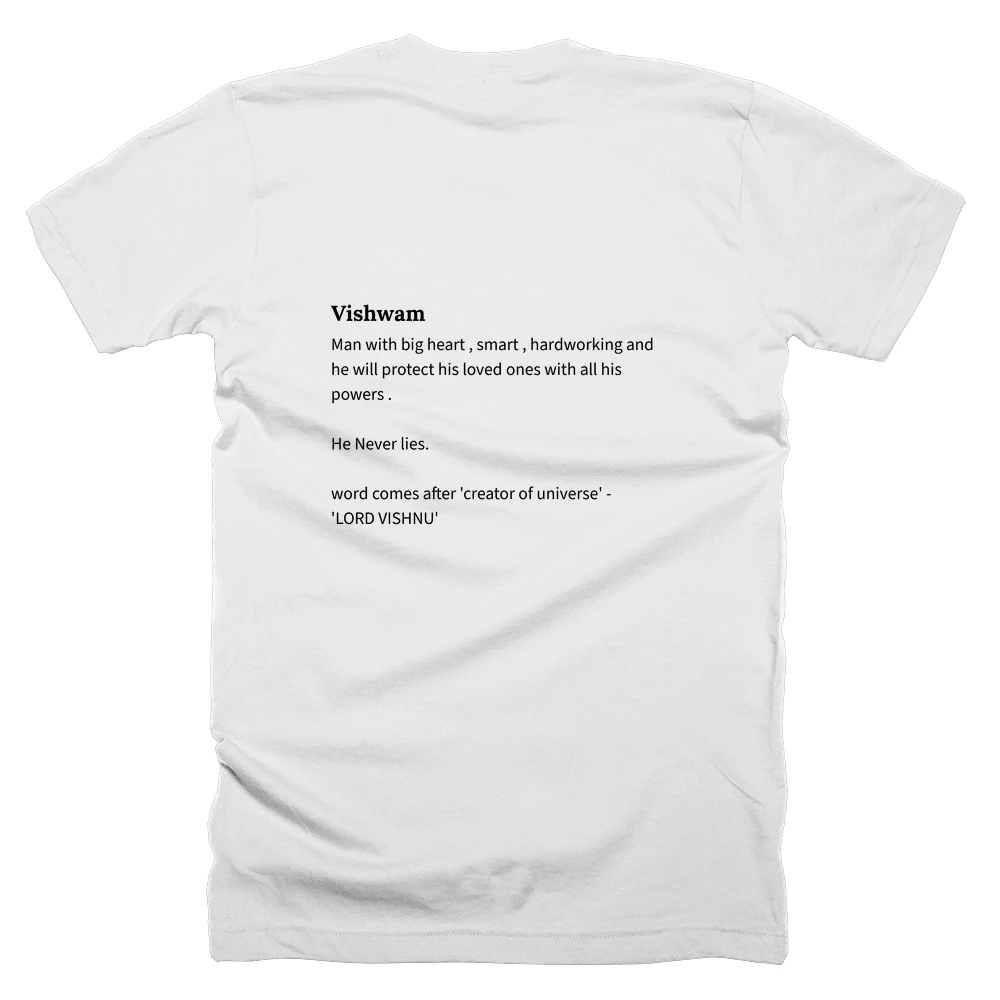 T-shirt with a definition of 'Vishwam' printed on the back