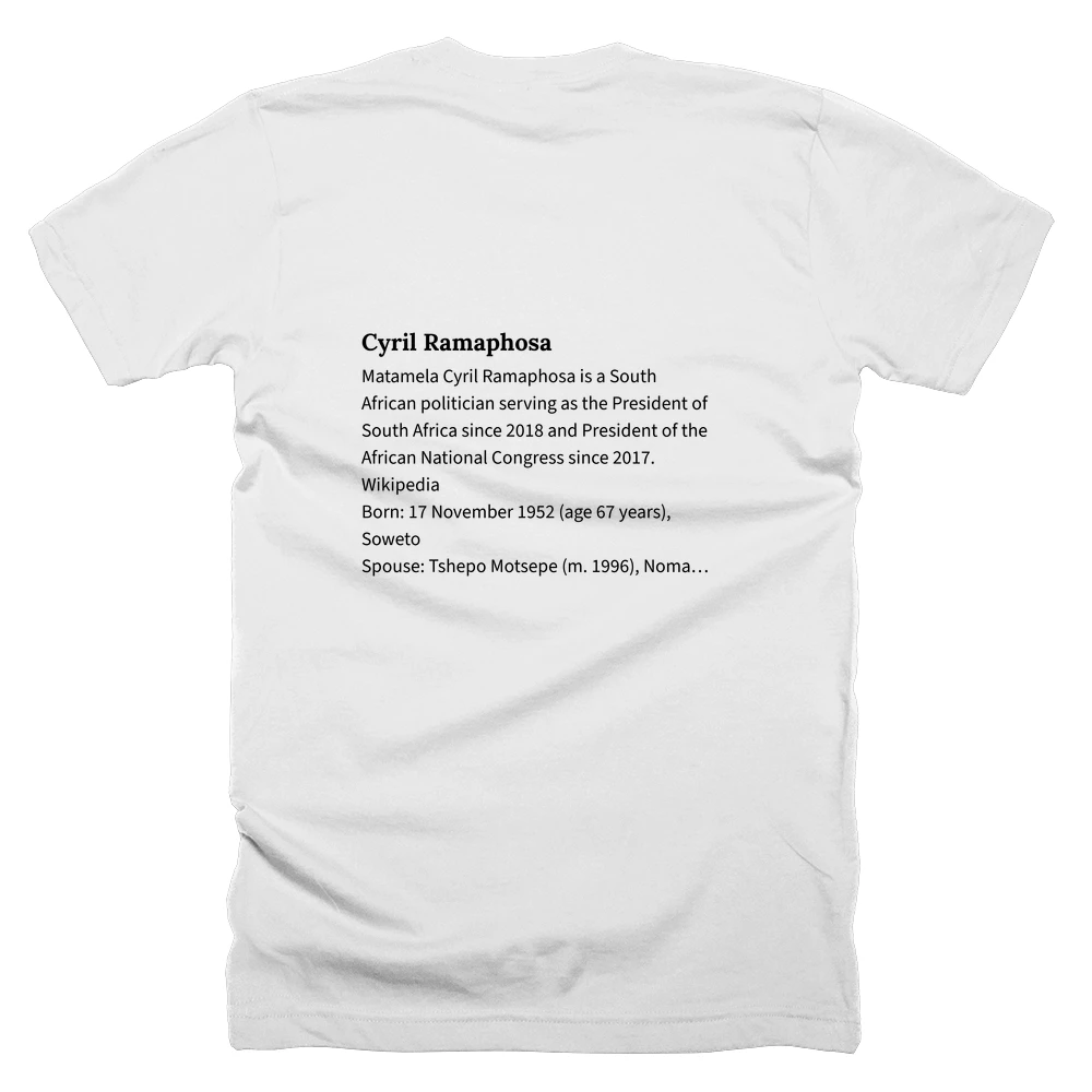 T-shirt with a definition of 'Cyril Ramaphosa' printed on the back