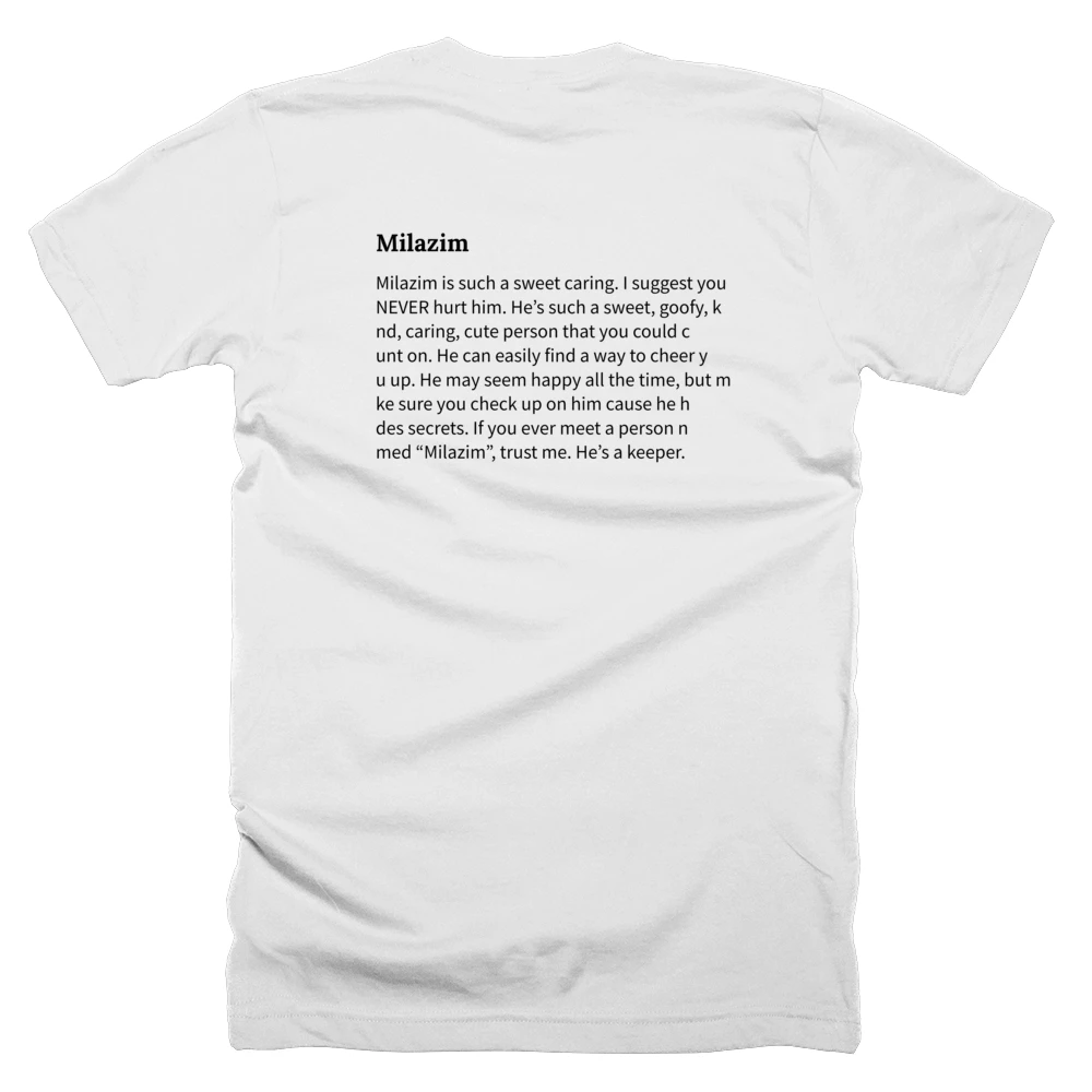 T-shirt with a definition of 'Milazim' printed on the back