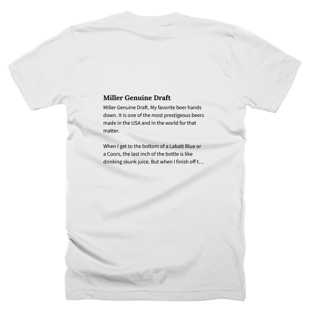 T-shirt with a definition of 'Miller Genuine Draft' printed on the back