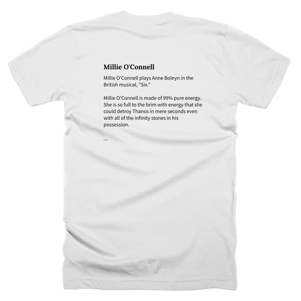 T-shirt with a definition of 'Millie O'Connell' printed on the back