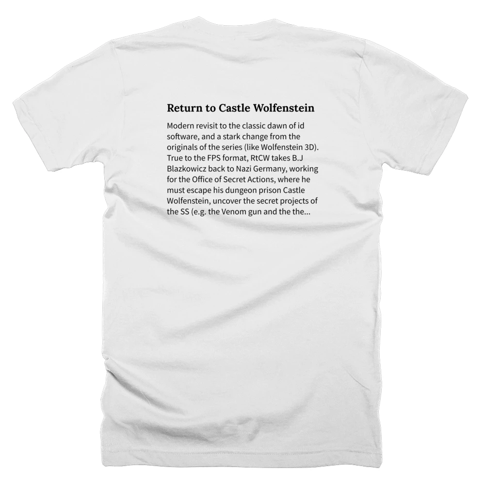 T-shirt with a definition of 'Return to Castle Wolfenstein' printed on the back