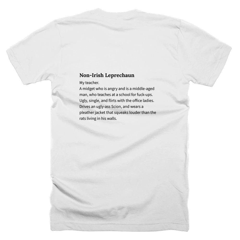 T-shirt with a definition of 'Non-Irish Leprechaun' printed on the back