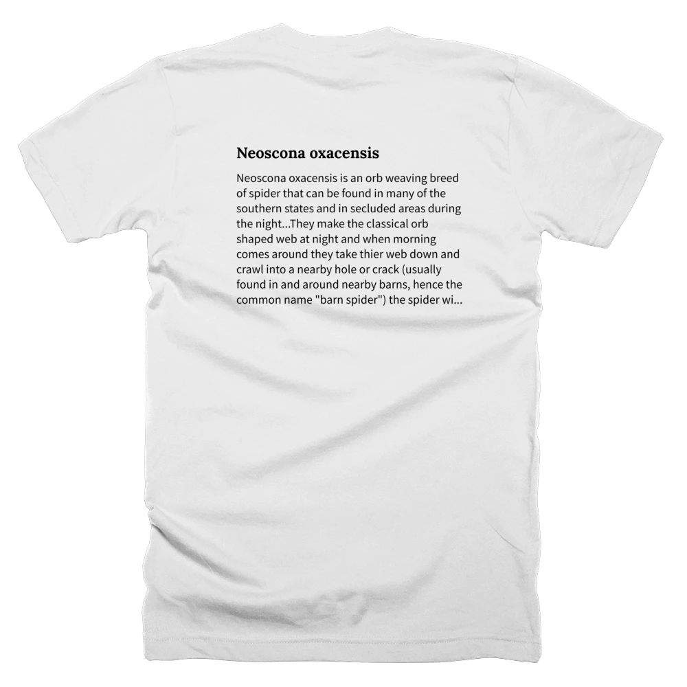 T-shirt with a definition of 'Neoscona oxacensis' printed on the back