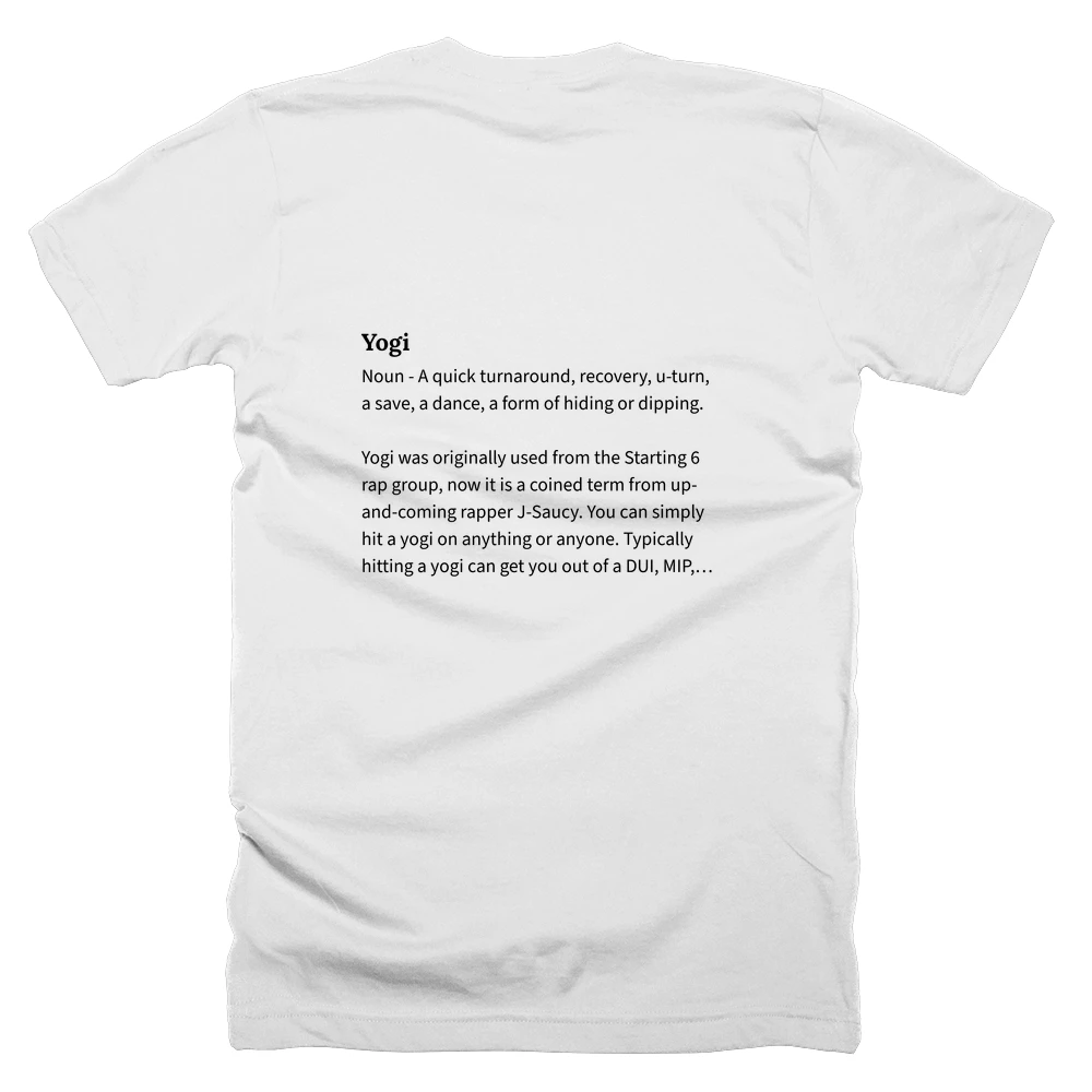 T-shirt with a definition of 'Yogi' printed on the back