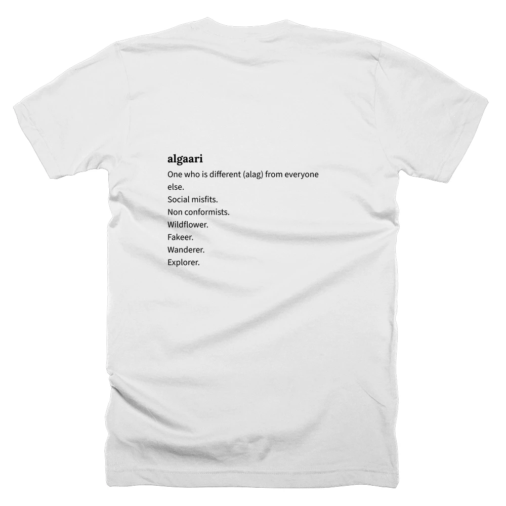 T-shirt with a definition of 'algaari' printed on the back