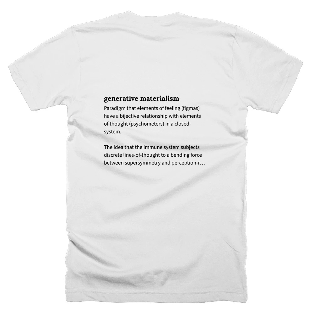 T-shirt with a definition of 'generative materialism' printed on the back