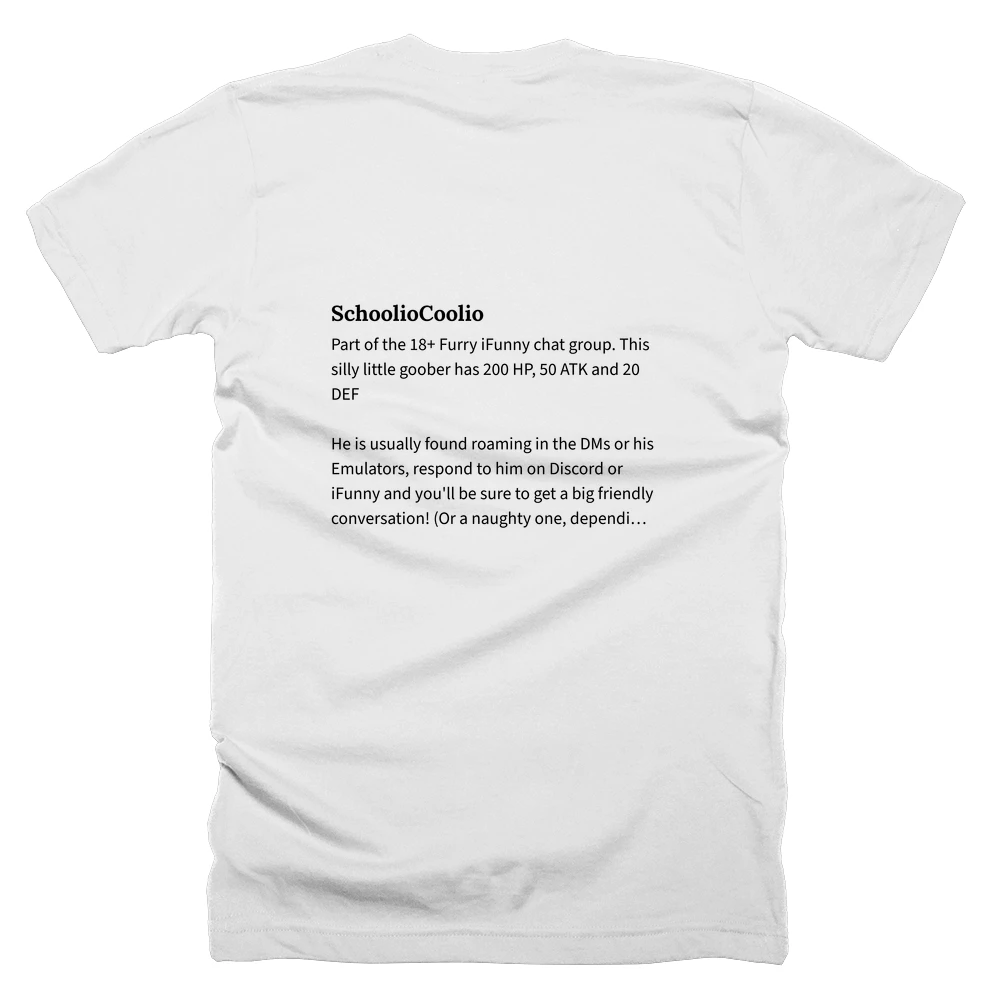T-shirt with a definition of 'SchoolioCoolio' printed on the back