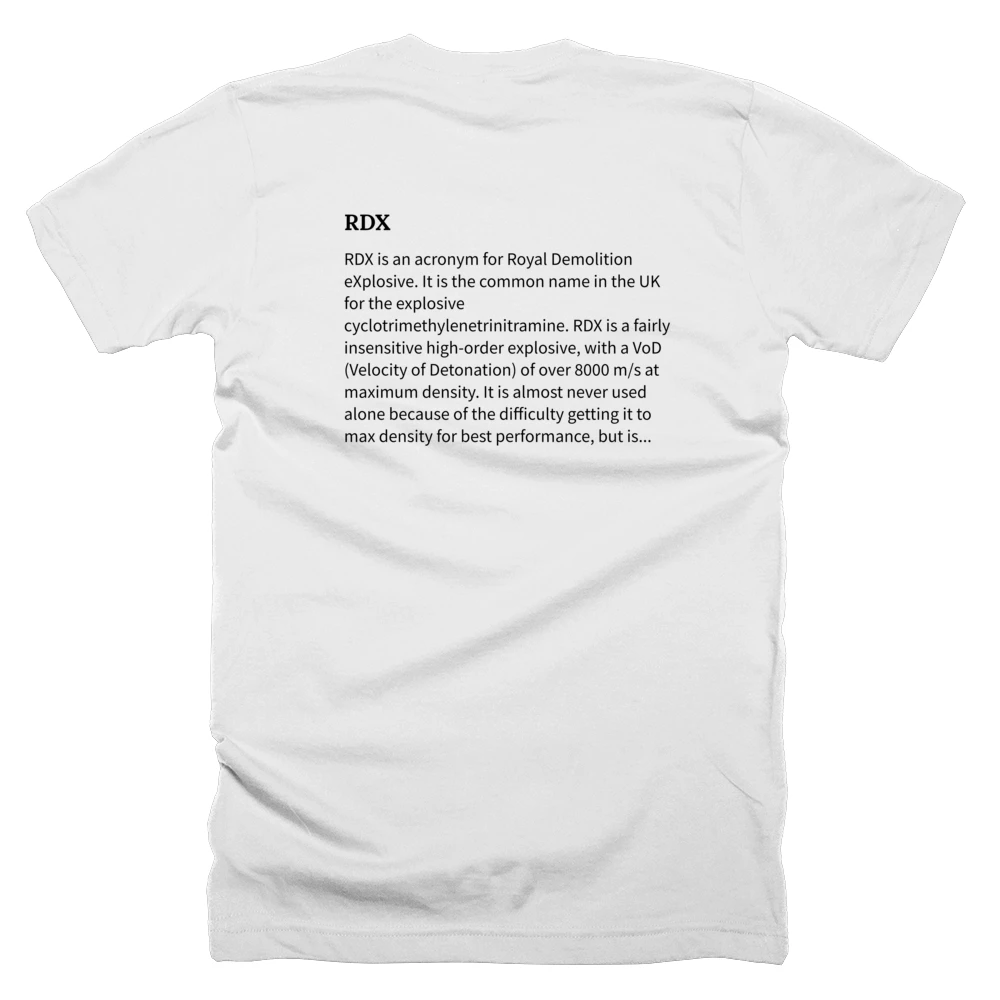 T-shirt with a definition of 'RDX' printed on the back