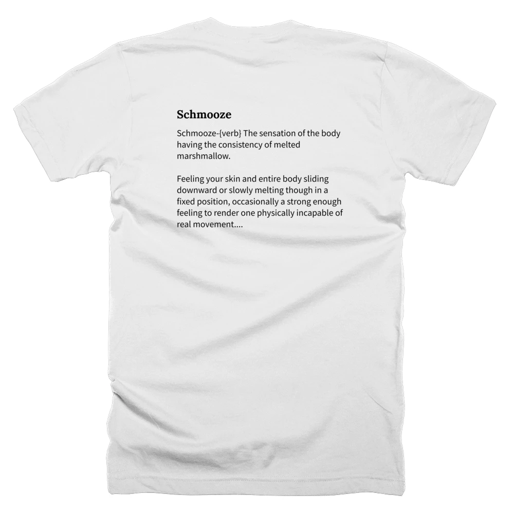 T-shirt with a definition of 'Schmooze' printed on the back