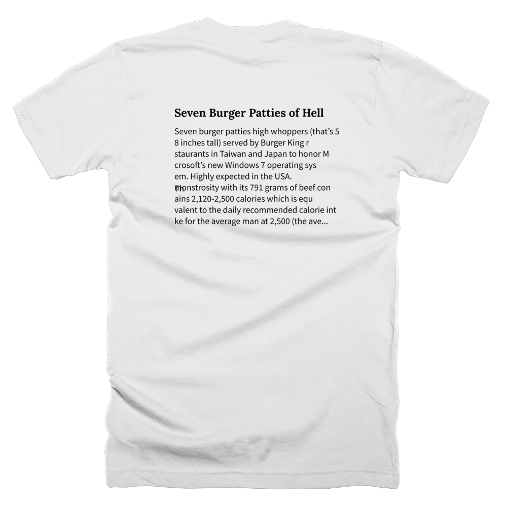 T-shirt with a definition of 'Seven Burger Patties of Hell' printed on the back